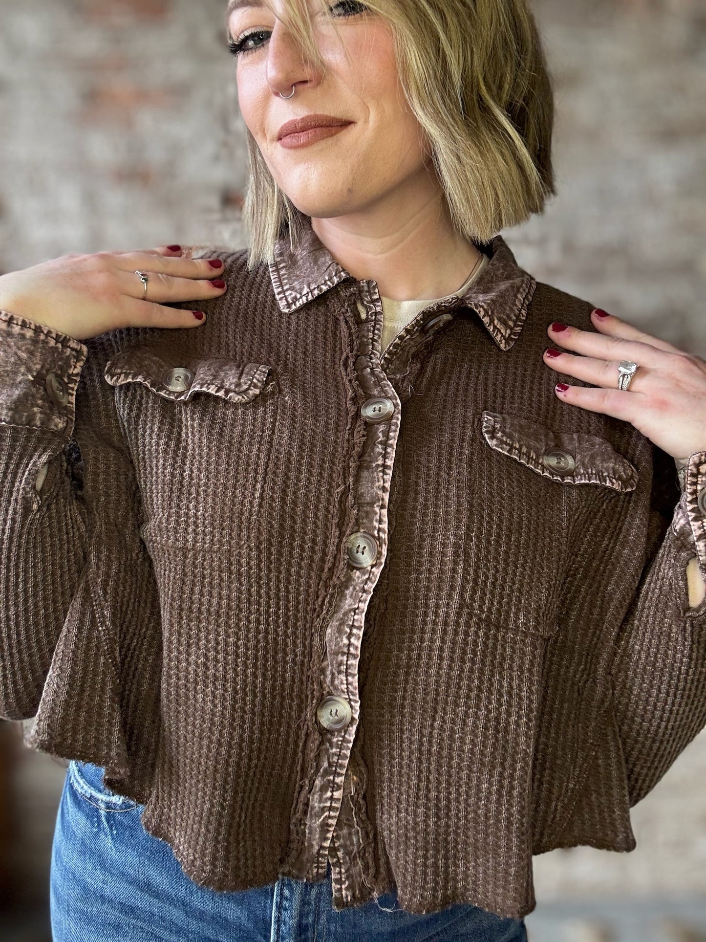 Acid Wash Waffle Oversized Cropped Shacket - Brown