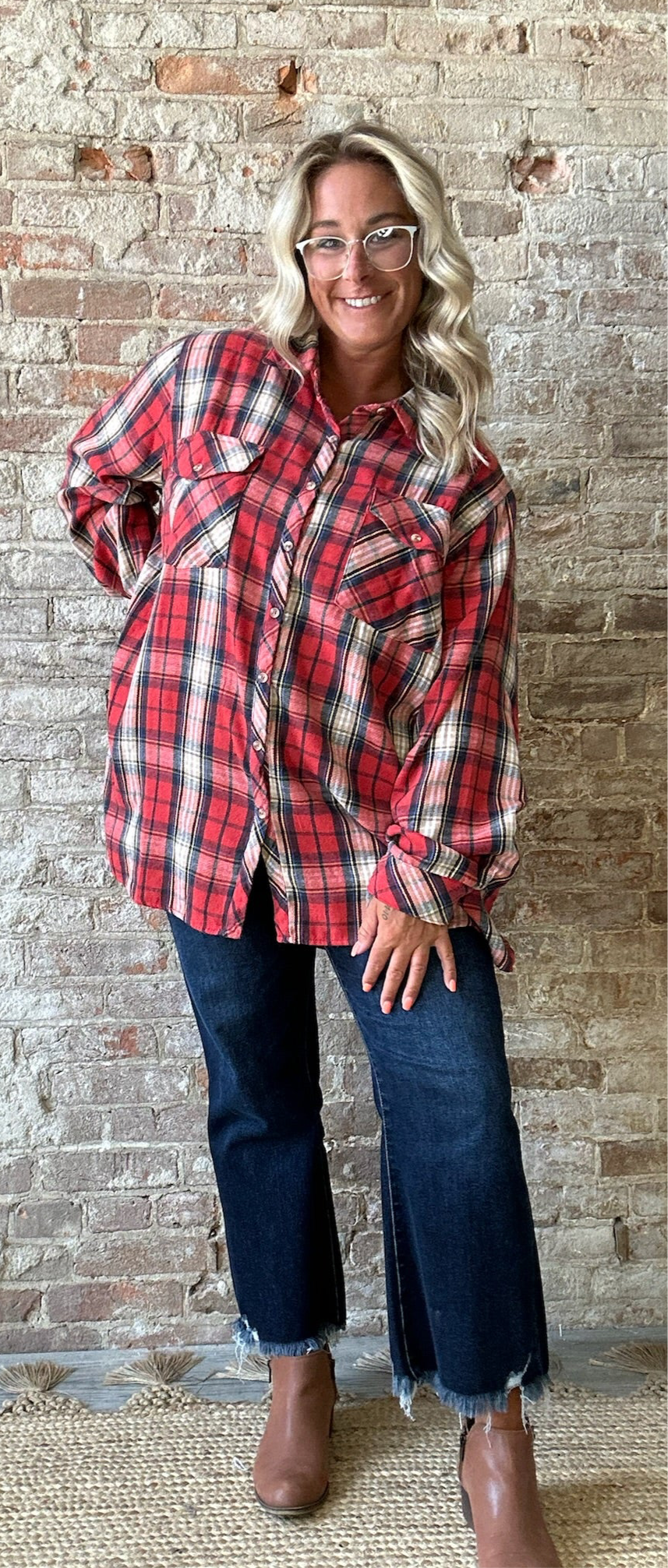 Curvy Plaid Soft Long Sleeved Flannel ~ Red