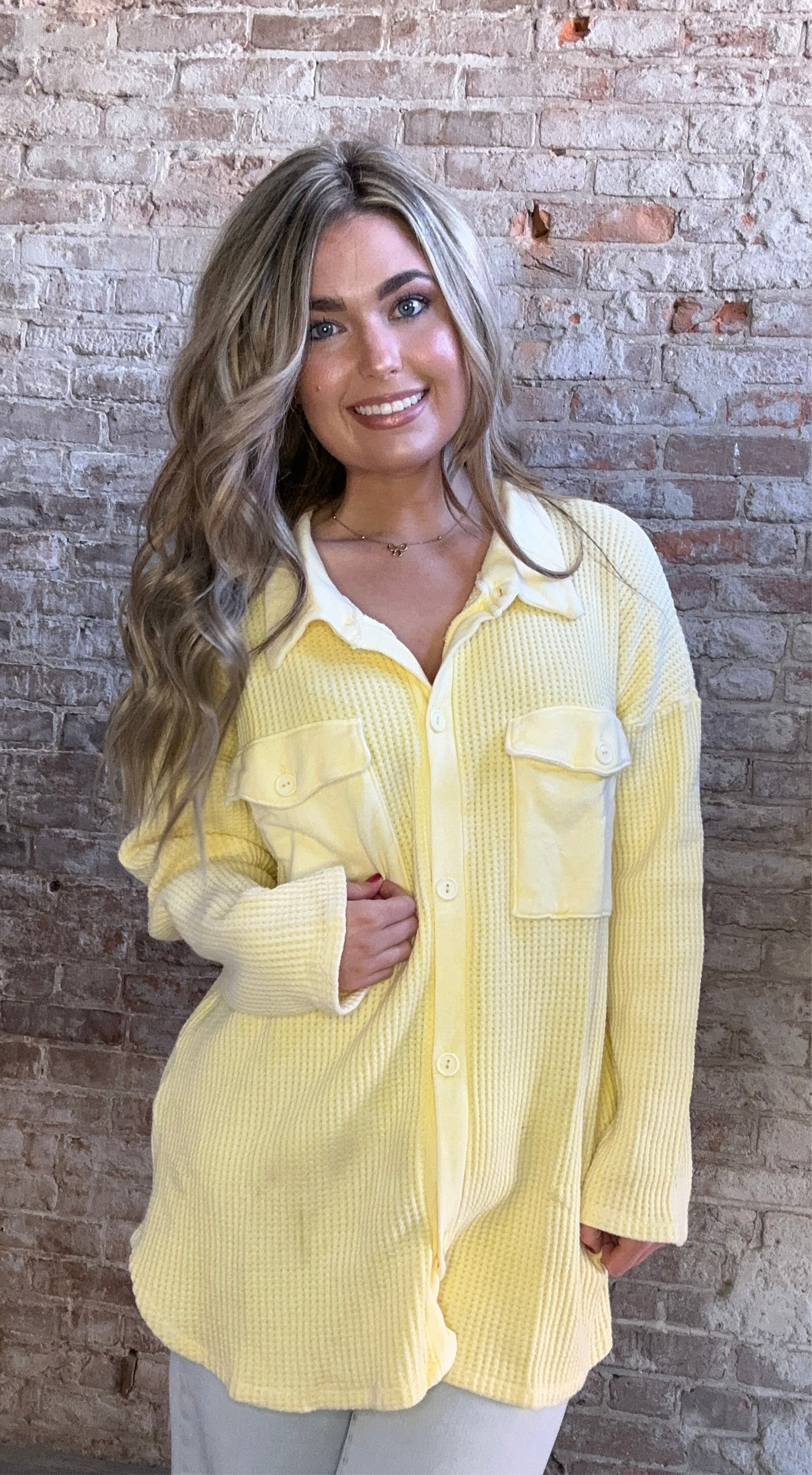 Vintage Wash Waffle Knit Shacket ~ Yellow