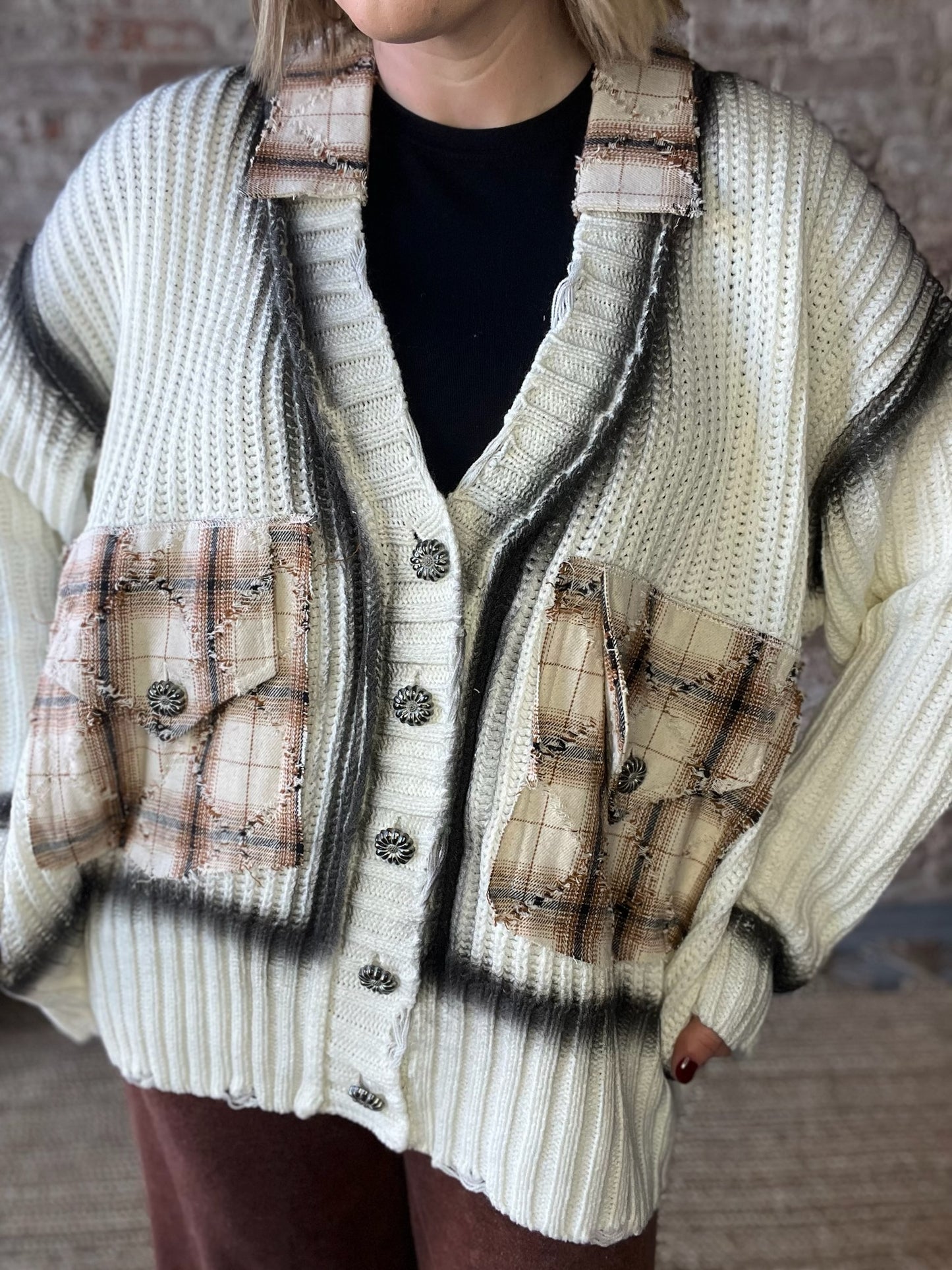 Long Distressed Cardigan with Rust Color Trim