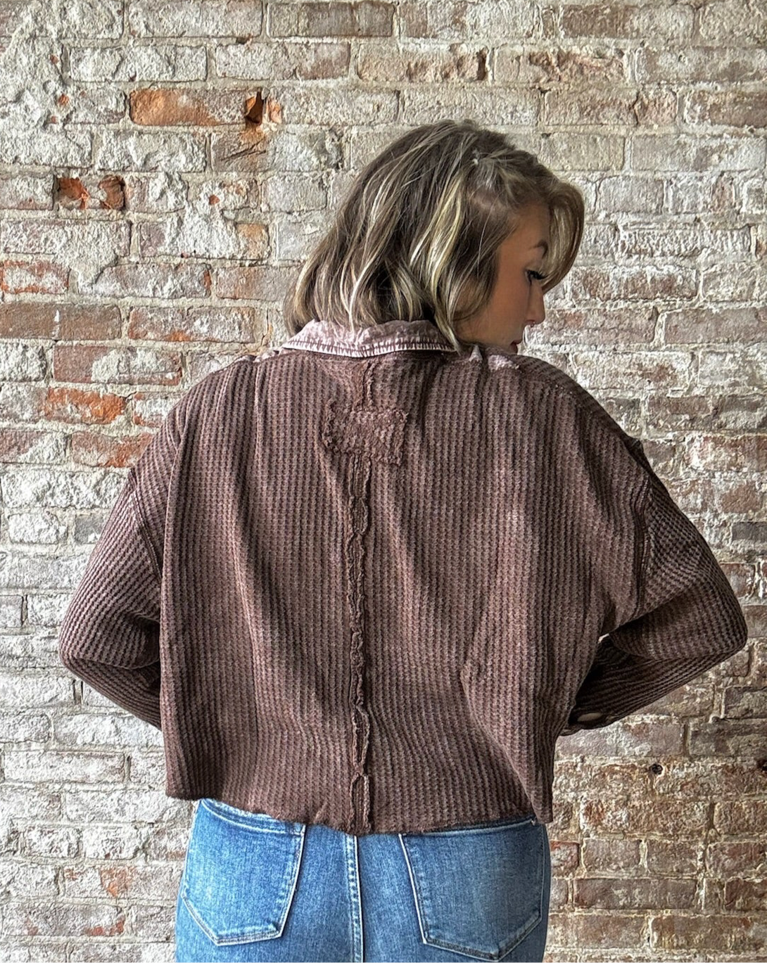 Acid Wash Waffle Oversized Cropped Shacket - Brown