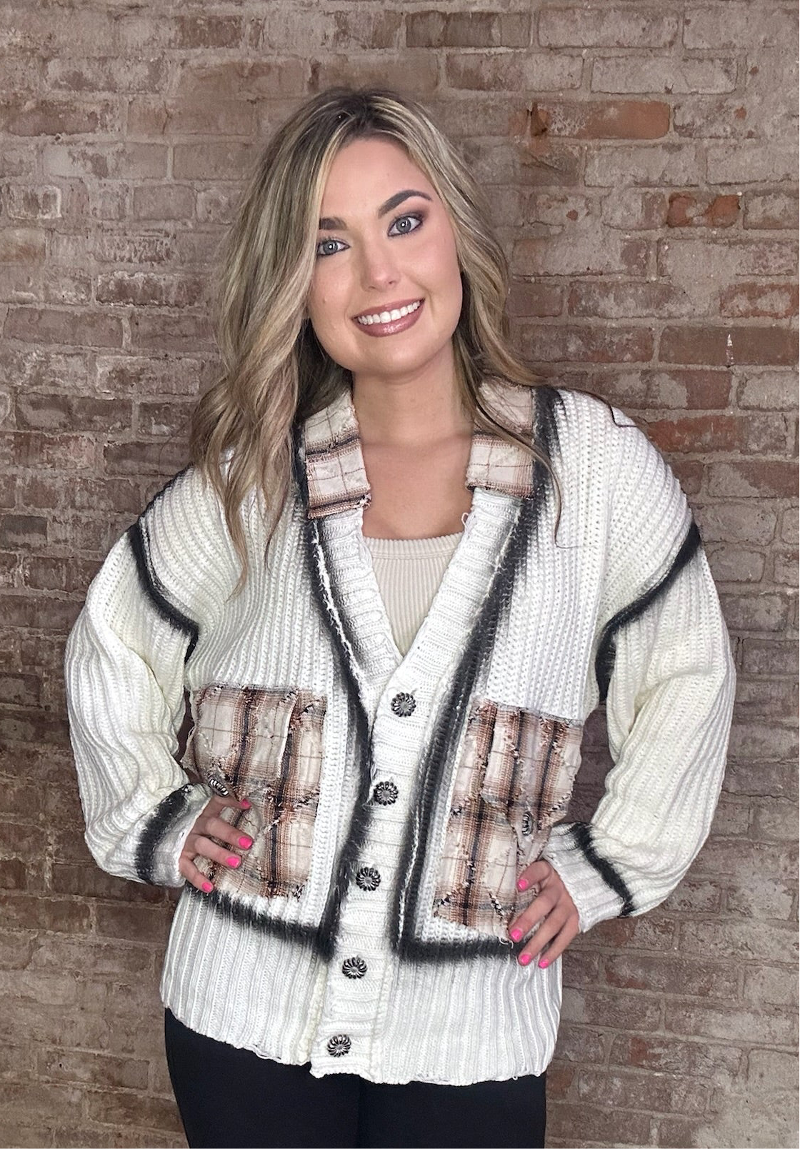 Long Distressed Cardigan with Rust Color Trim