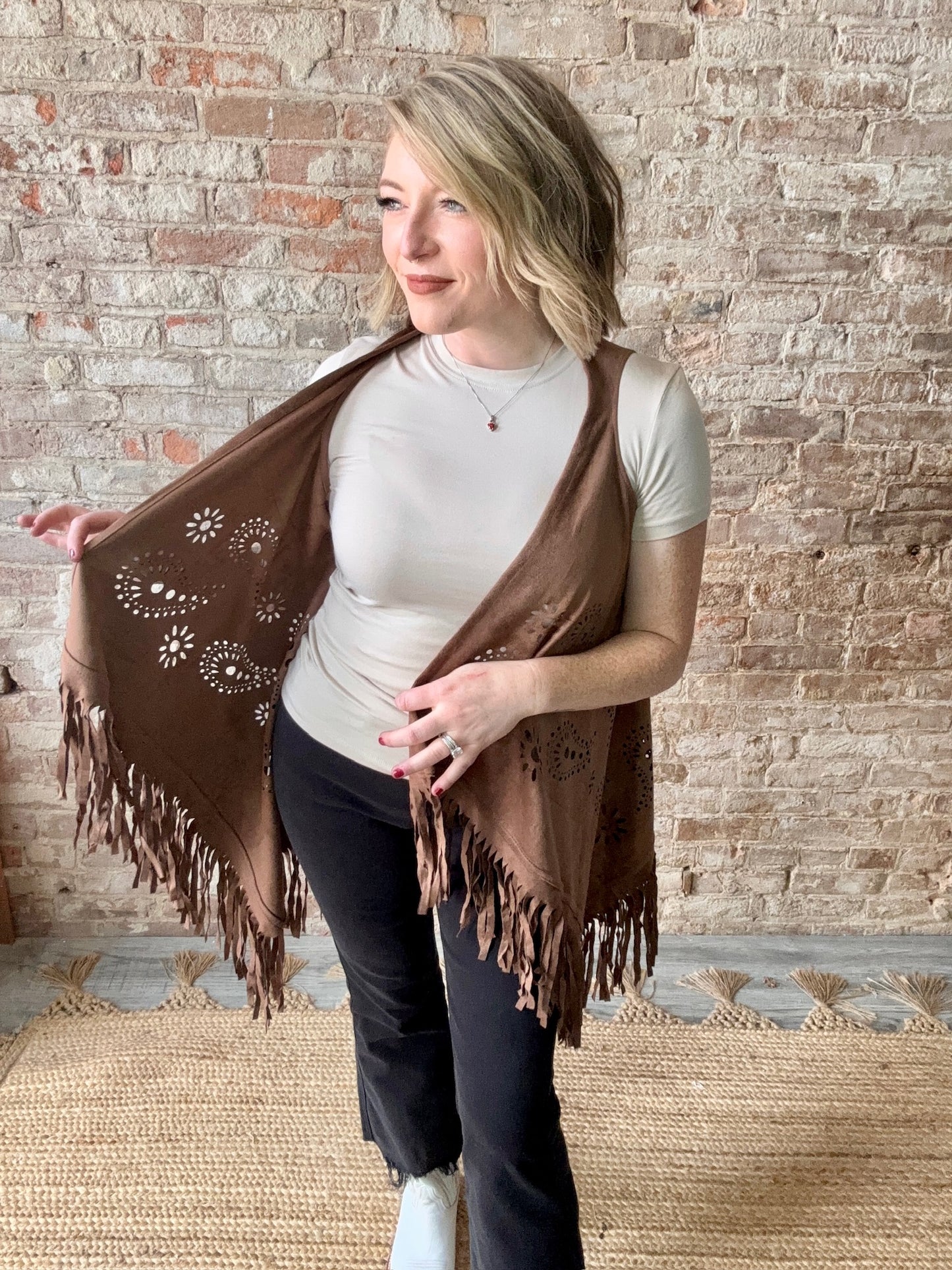 Vegan Suede Tassel Vest with Cut-out Details