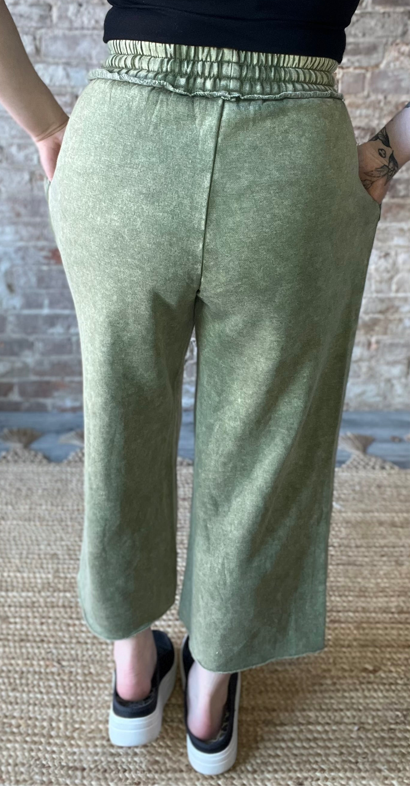 Acid Washed Fleece Sweatpants With Pockets ~ Olive