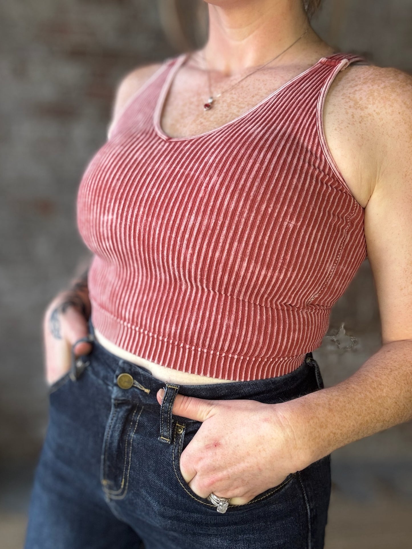 Mineral Washed Ribbed Cropped V Neck Tank with Removable Bra ~ Rust