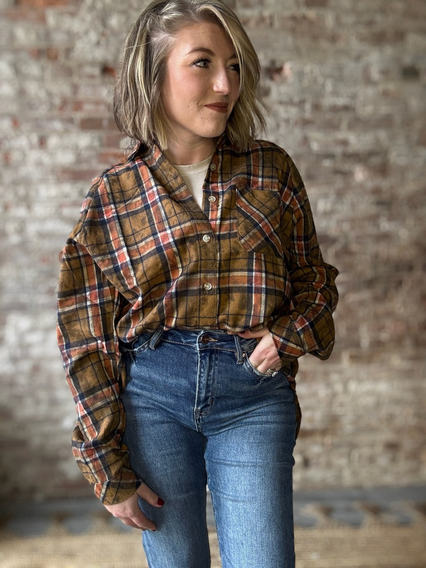 Cozy Fall Plaid Washed Flannel Shirt - Camel