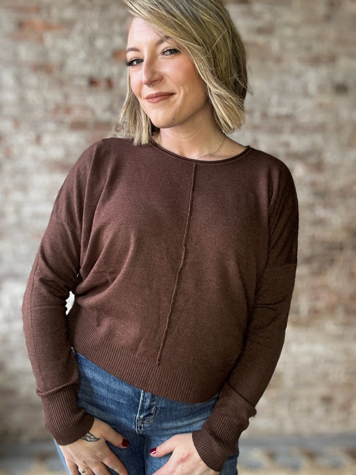 Comfy Front Seam Round Neck Sweater ~ Brown