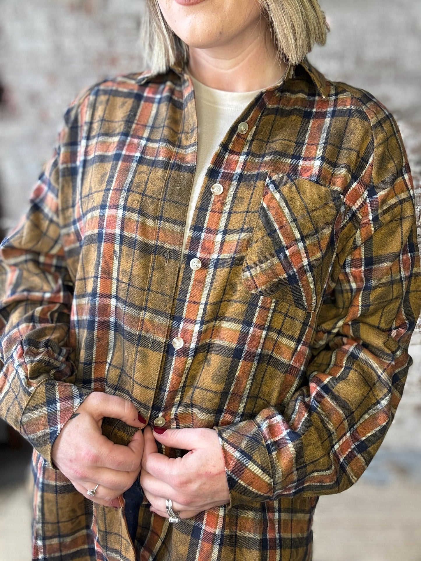 Cozy Fall Plaid Washed Flannel Shirt - Camel