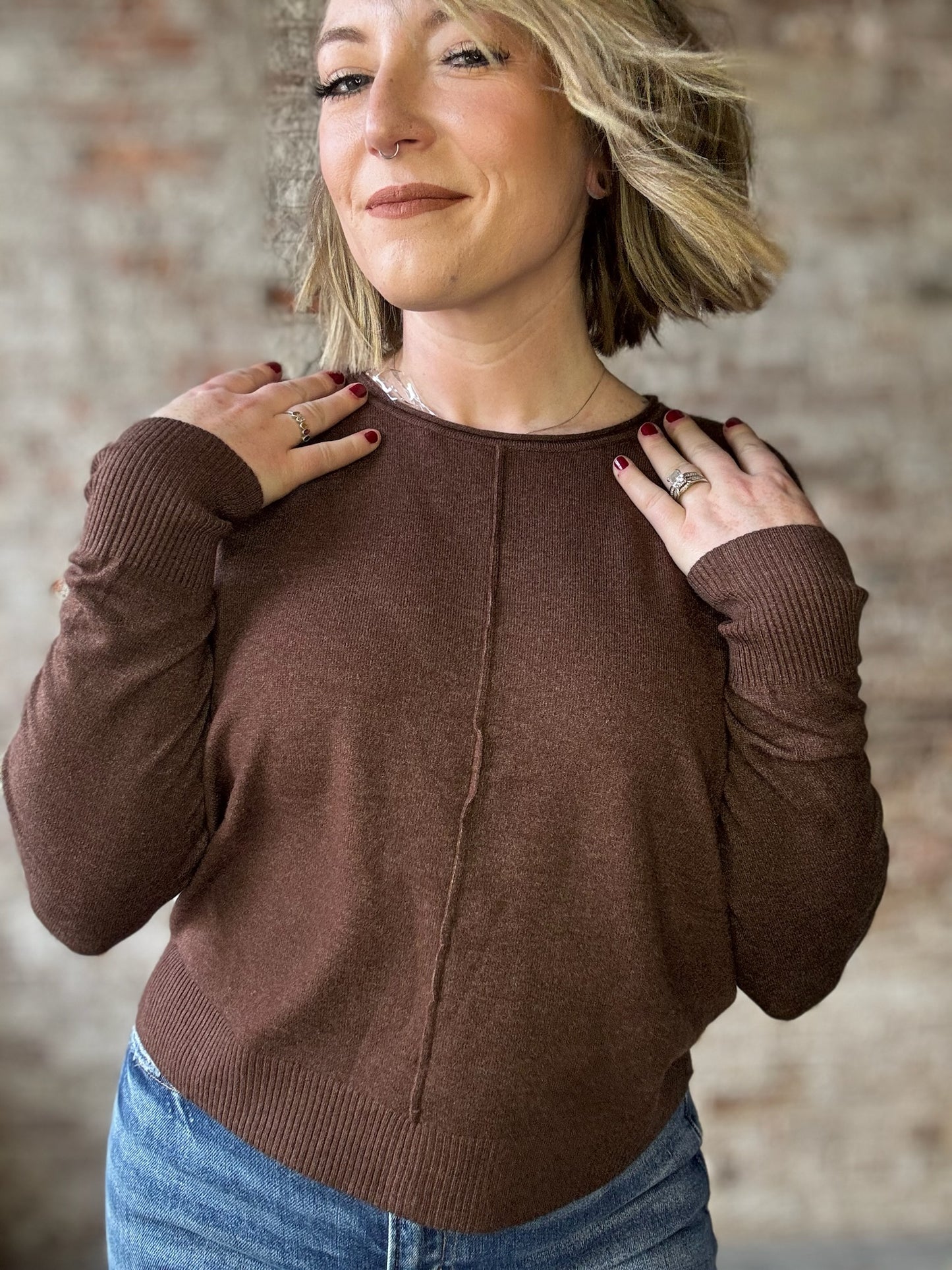 Comfy Front Seam Round Neck Sweater ~ Brown