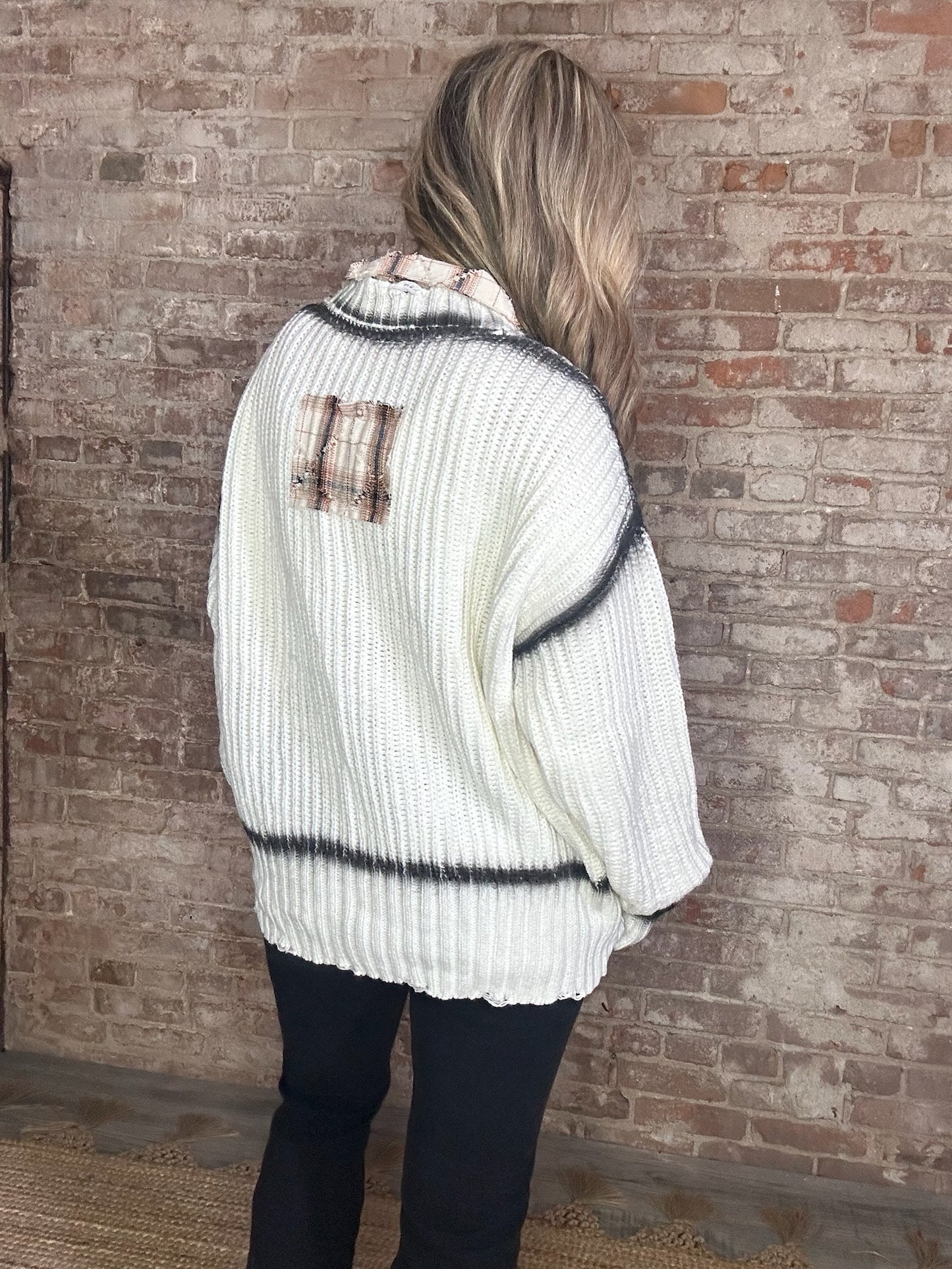 Long Distressed Cardigan with Rust Color Trim