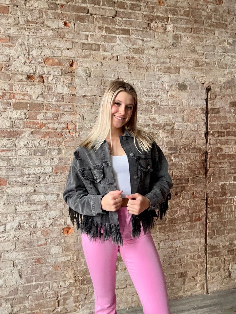 Raw Edge Fringe Denim Jacket ~ Black