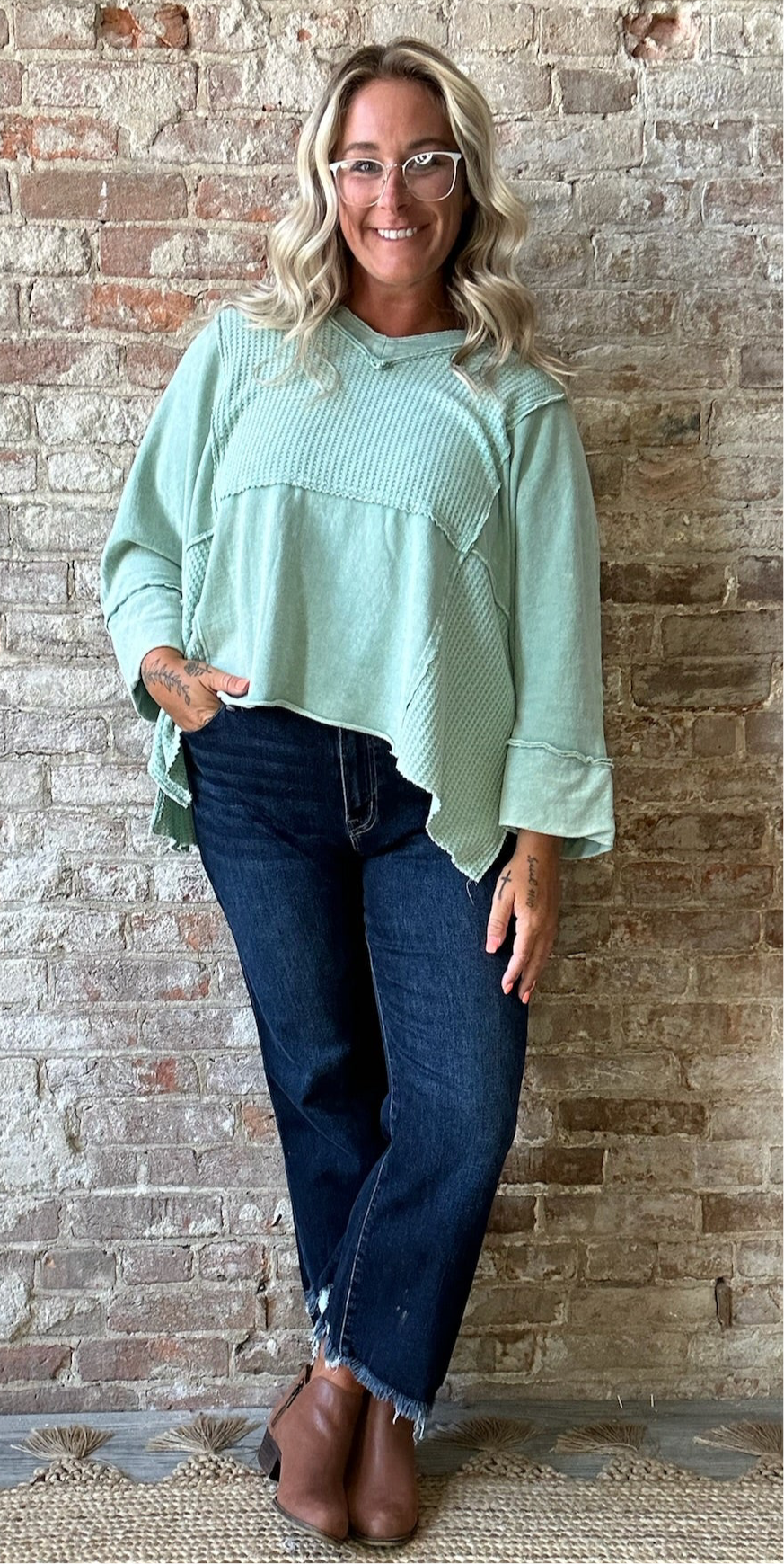 Curvy 3/4 Sleeved Mineral Washed Waffle Knit ~ Turquoise