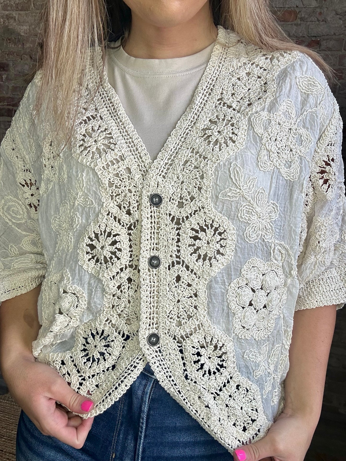 V-neck Oversized Fit Cardigan With Crocheted Detailing