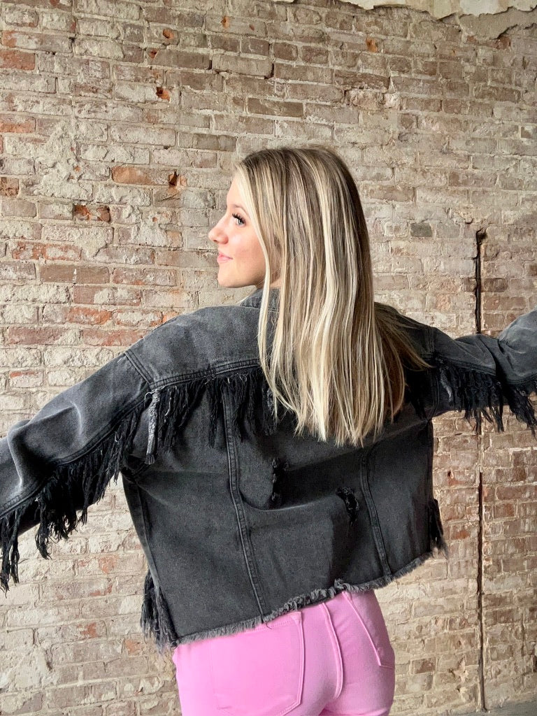 Raw Edge Fringe Denim Jacket ~ Black