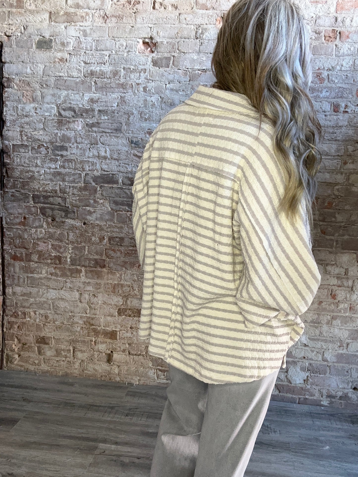 Collared Oversized Button Up Stripe Pullover Top ~ Taupe