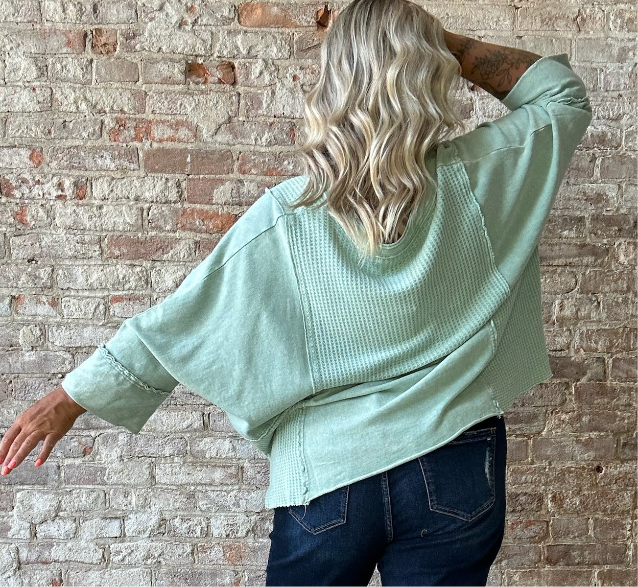 Curvy 3/4 Sleeved Mineral Washed Waffle Knit ~ Turquoise