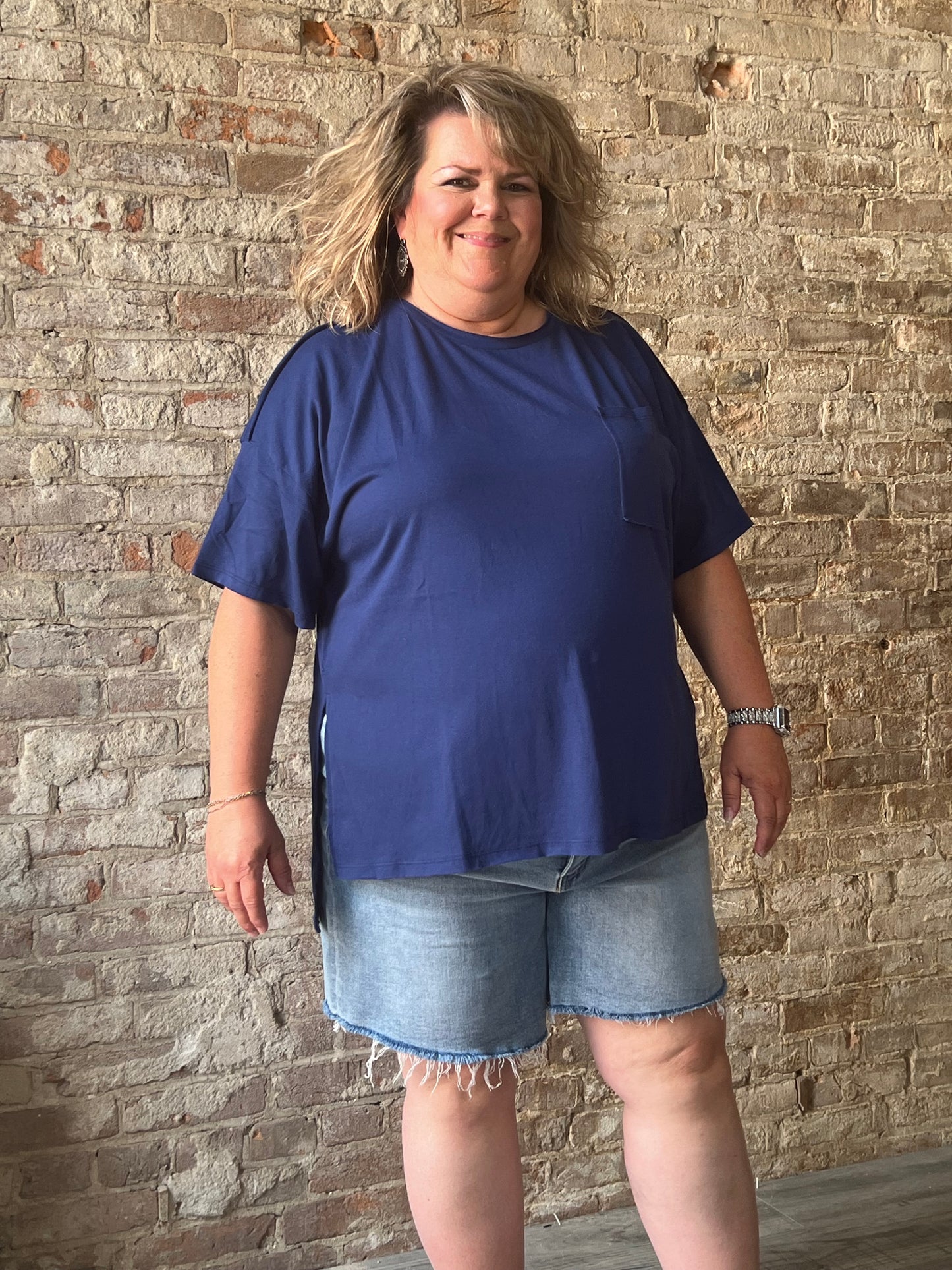 Curvy Front Pocket Raw Edge Boyfriend Tee ~ Navy