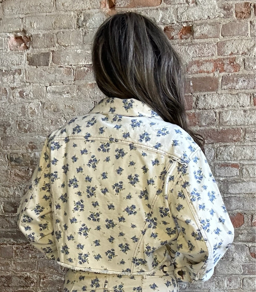 Ivory Denim Cropped Jacket with Blue Floral