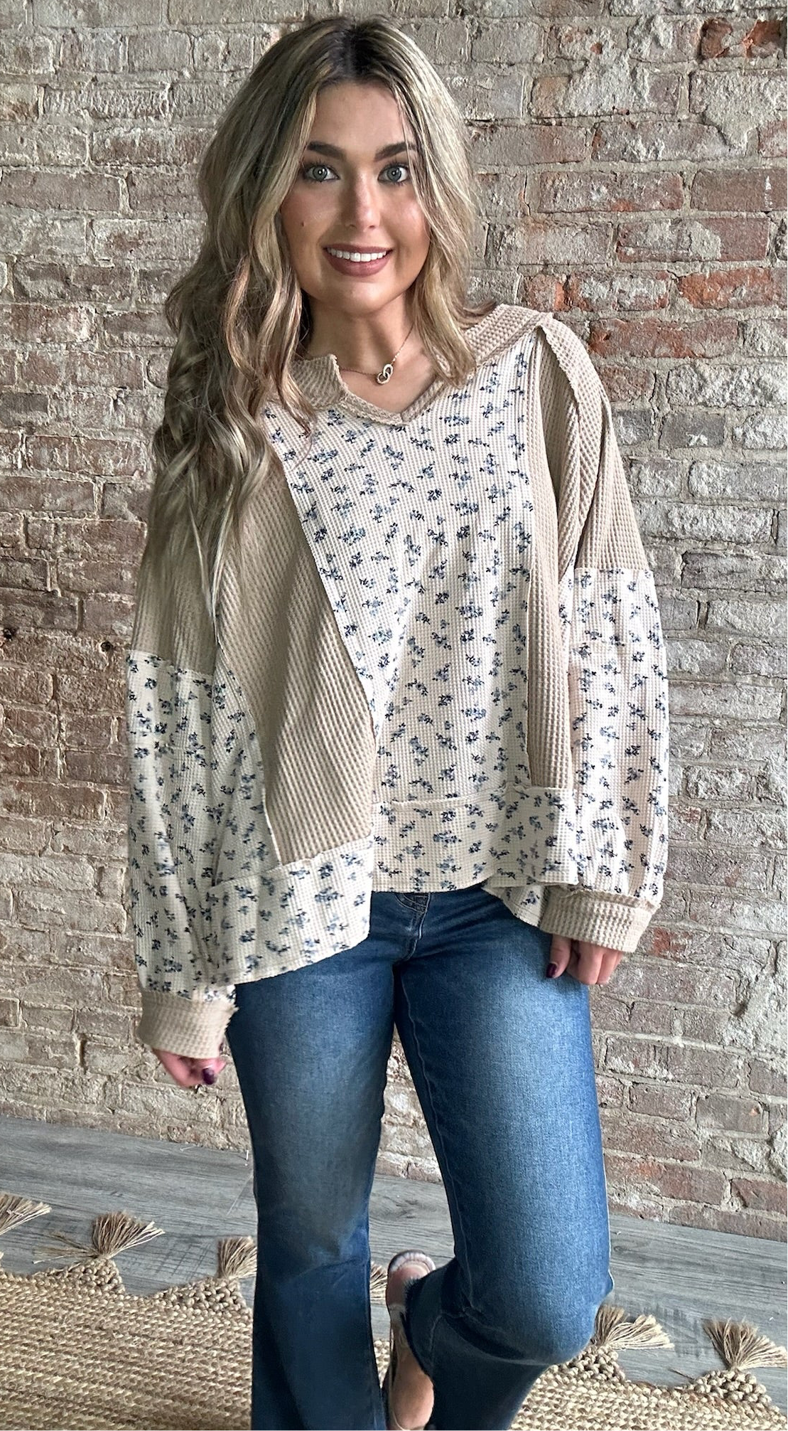 Mixed Floral Print Waffle Knit