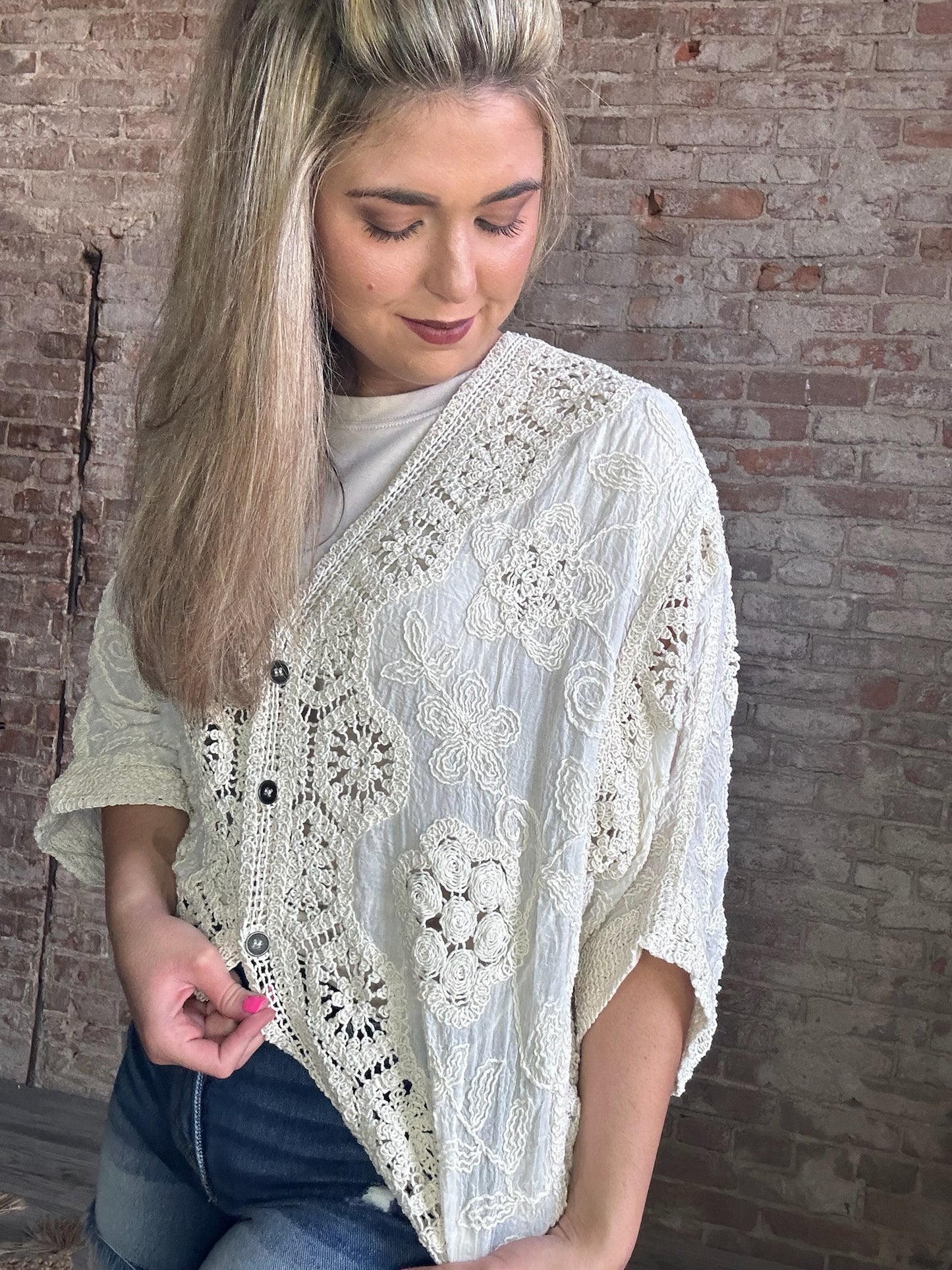 V-neck Oversized Fit Cardigan With Crocheted Detailing