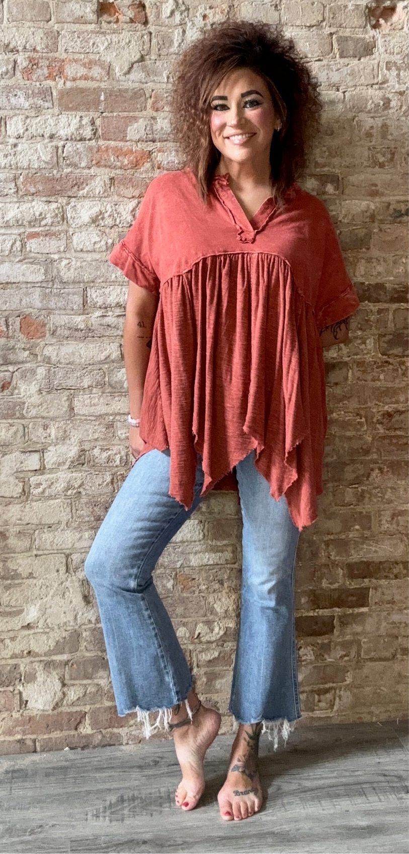 Mineral Washed Boho Flowy Tunic ~ Burnt Orange