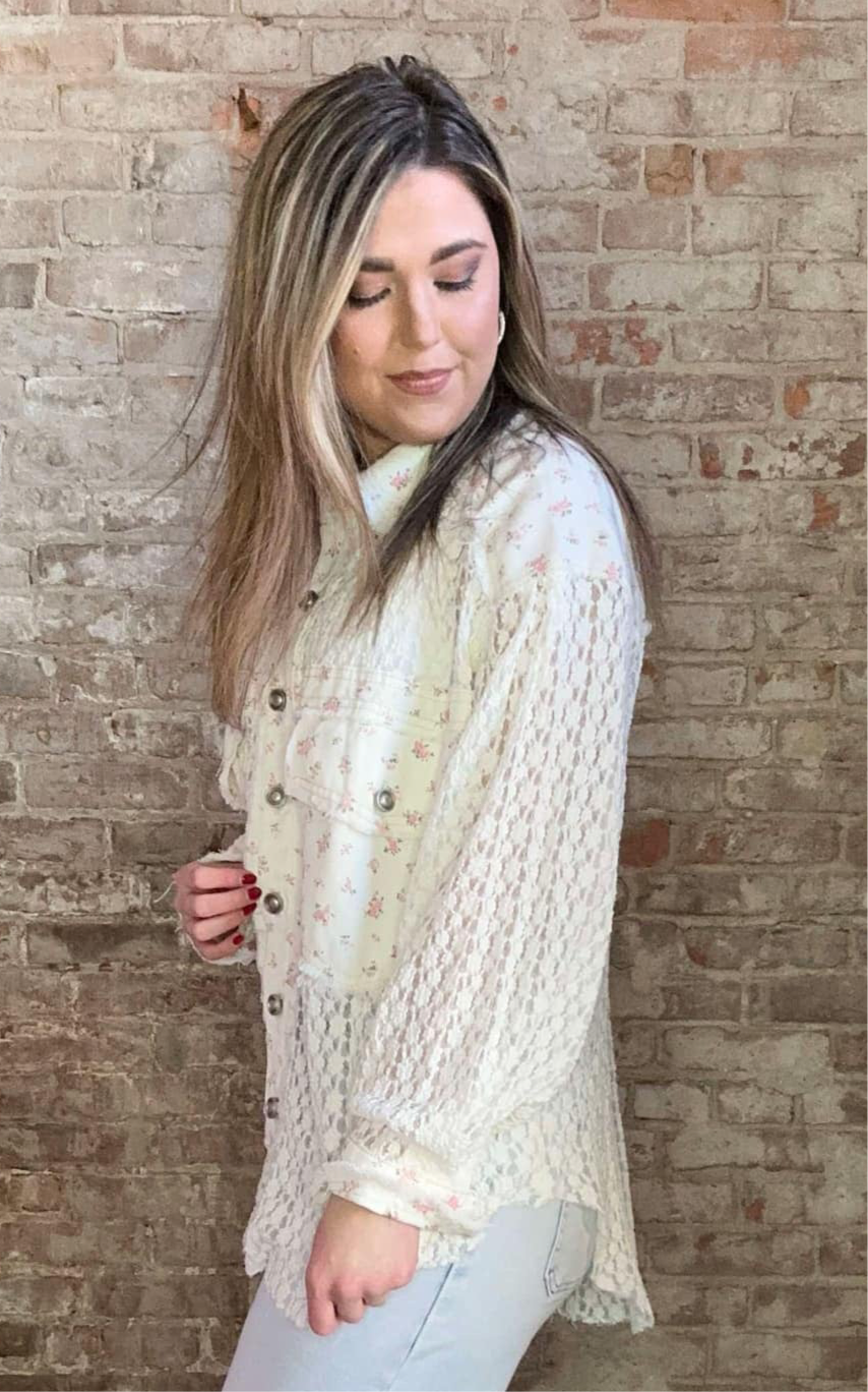 Long Sleeved Overshirt with Lace and Floral Detail