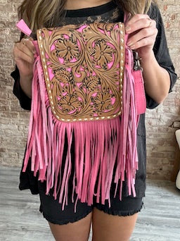 Western Genuine Leather Hand Tooled Fringe Crossbody Purse ~ Pink