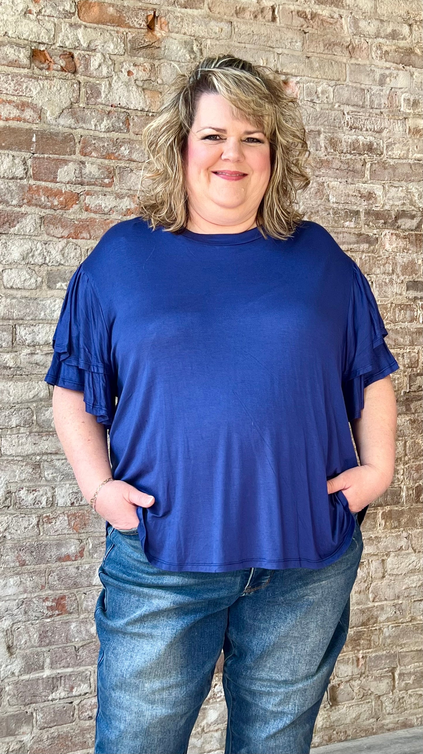 Curvy Crew Flared Ruffled Sleeved Top ~ Ink Blue