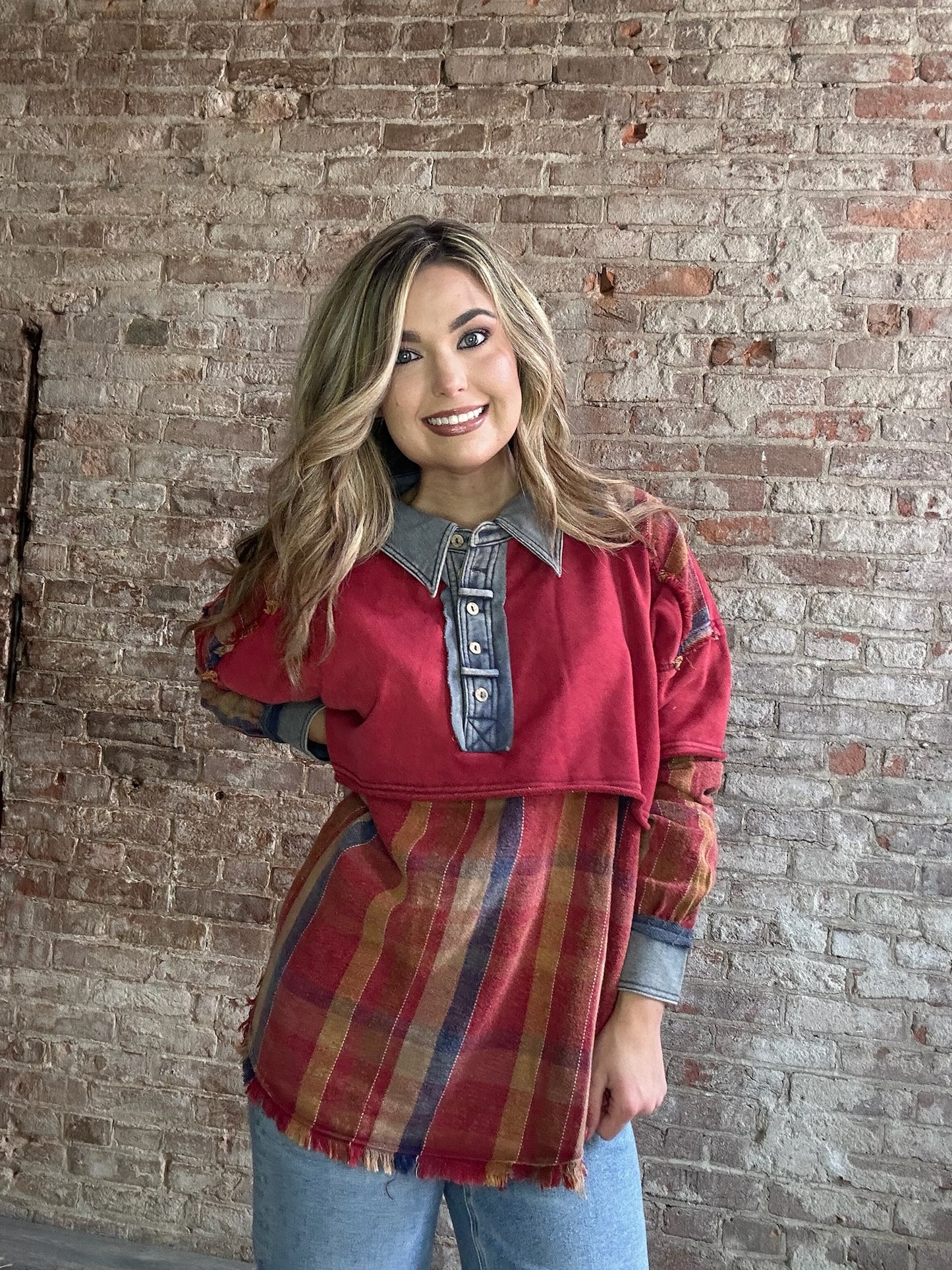 Collared Frayed Hem Flannel Shirt