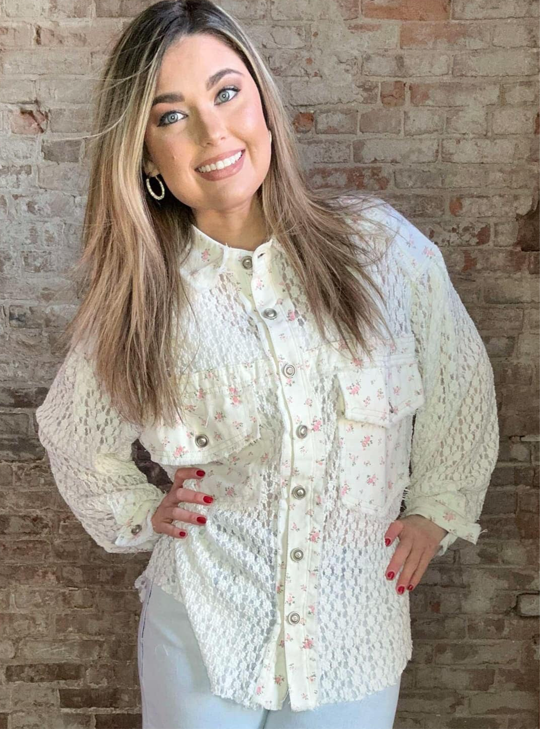 Long Sleeved Overshirt with Lace and Floral Detail