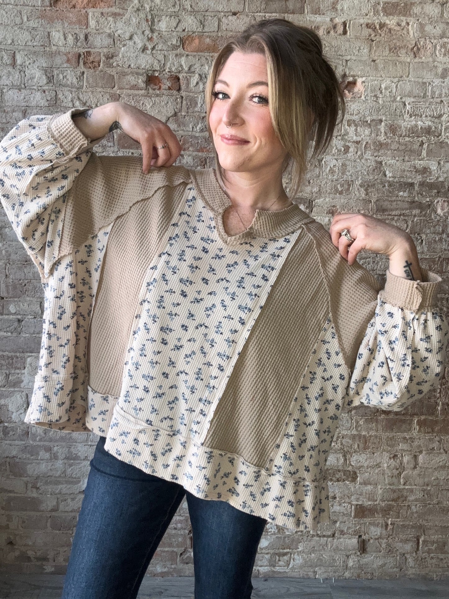 Mixed Floral Print Waffle Knit