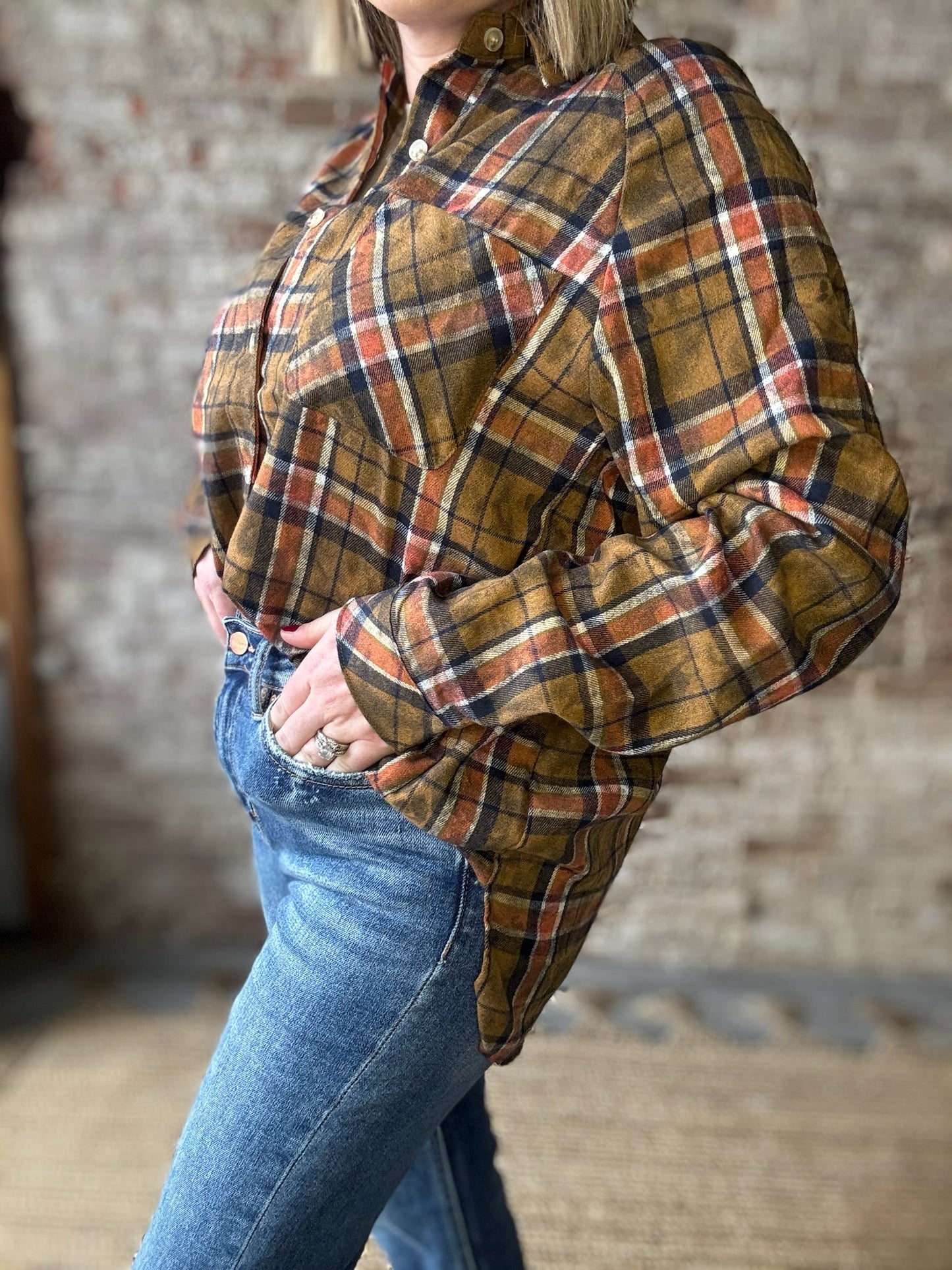 Cozy Fall Plaid Washed Flannel Shirt - Camel