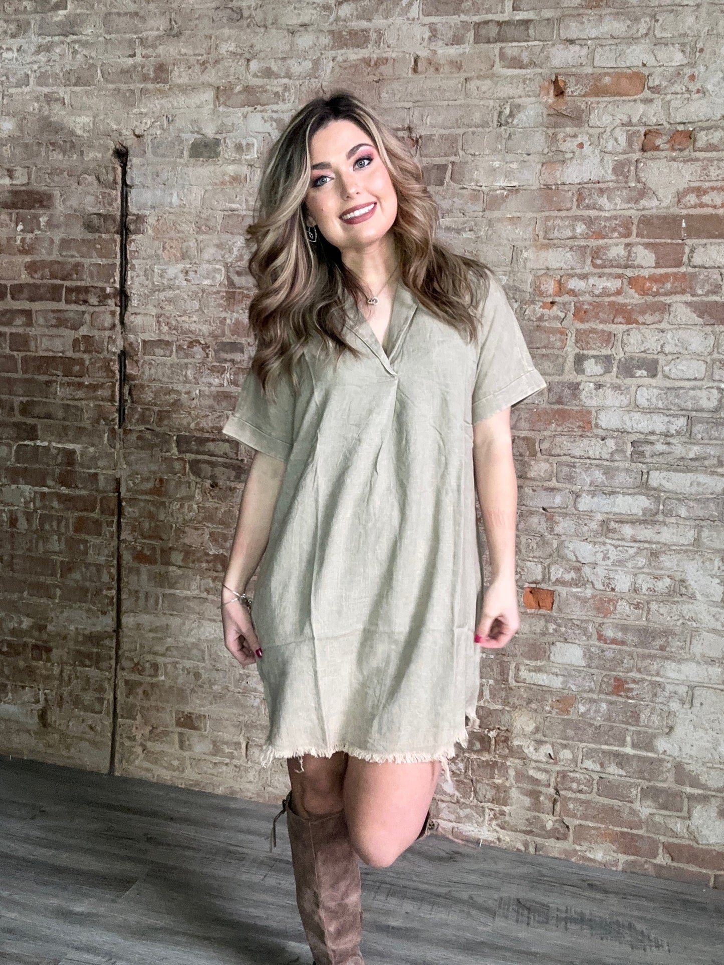 Washed Linen Raw Edge V-Neck Dress