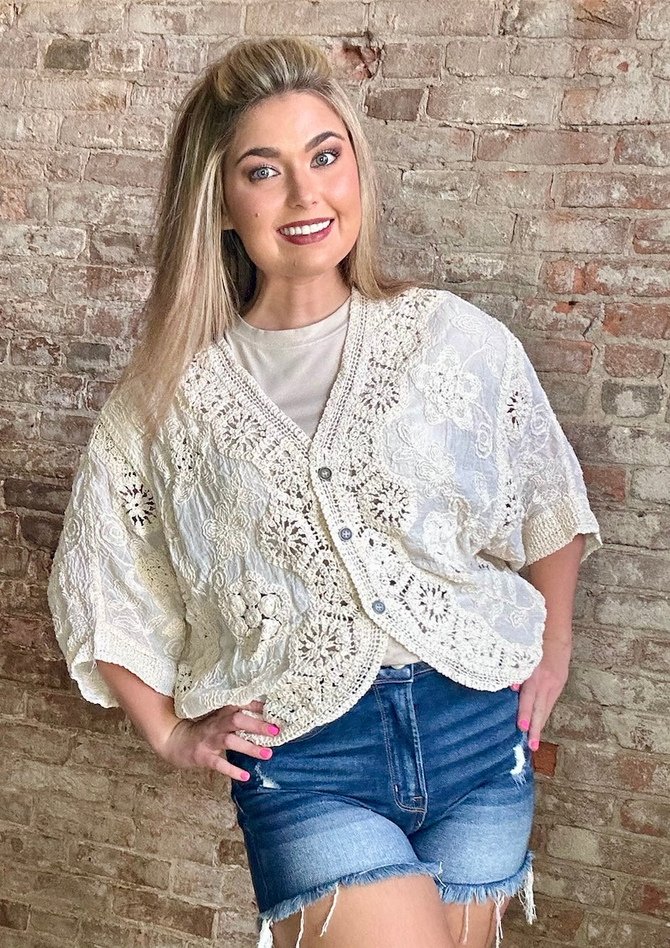 V-neck Oversized Fit Cardigan With Crocheted Detailing