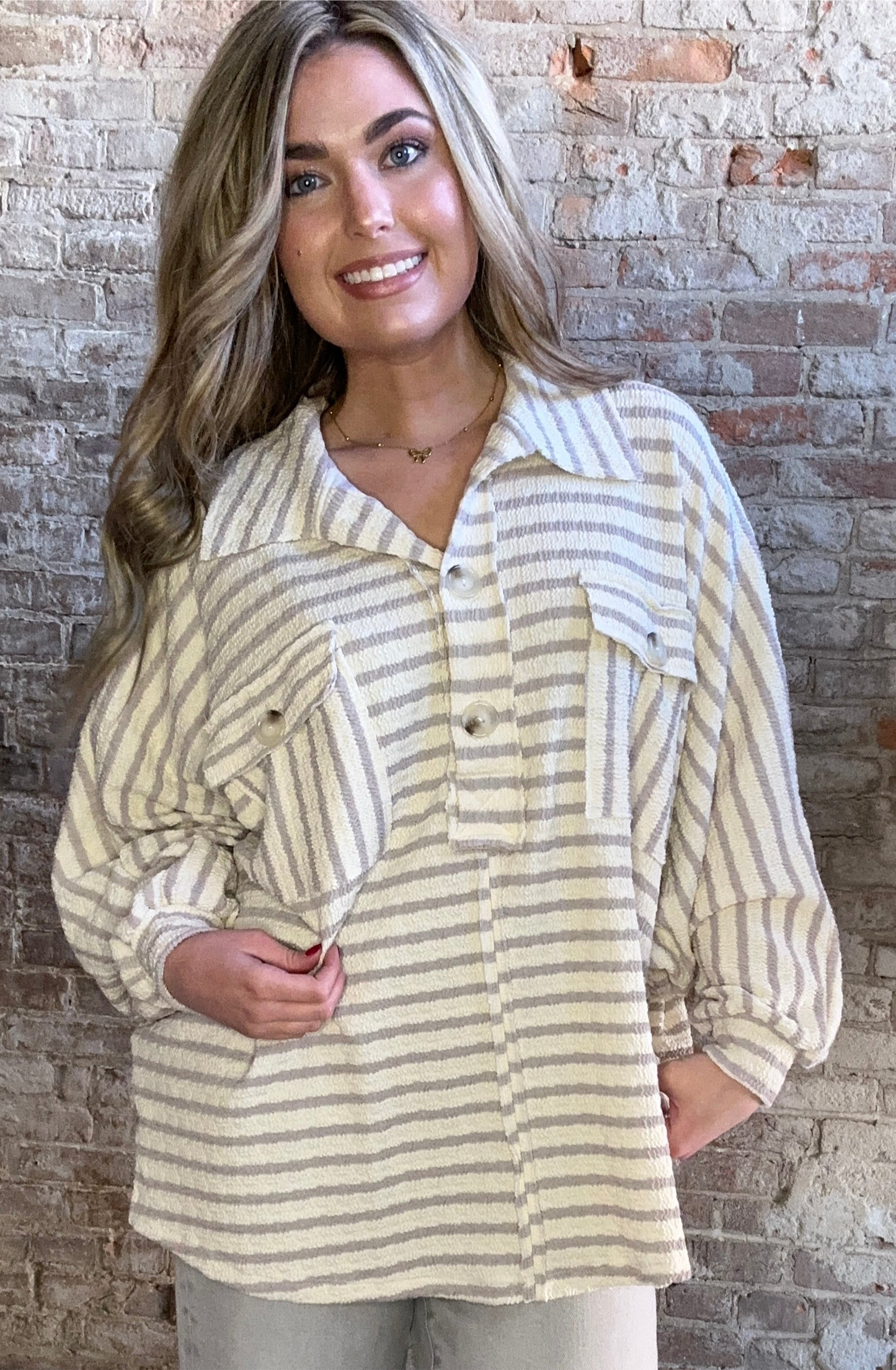 Collared Oversized Button Up Stripe Pullover Top ~ Taupe