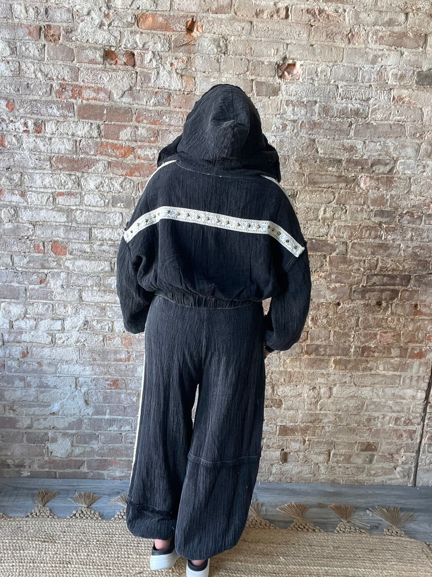Black Jogger Pants with Gauze and Stud Details