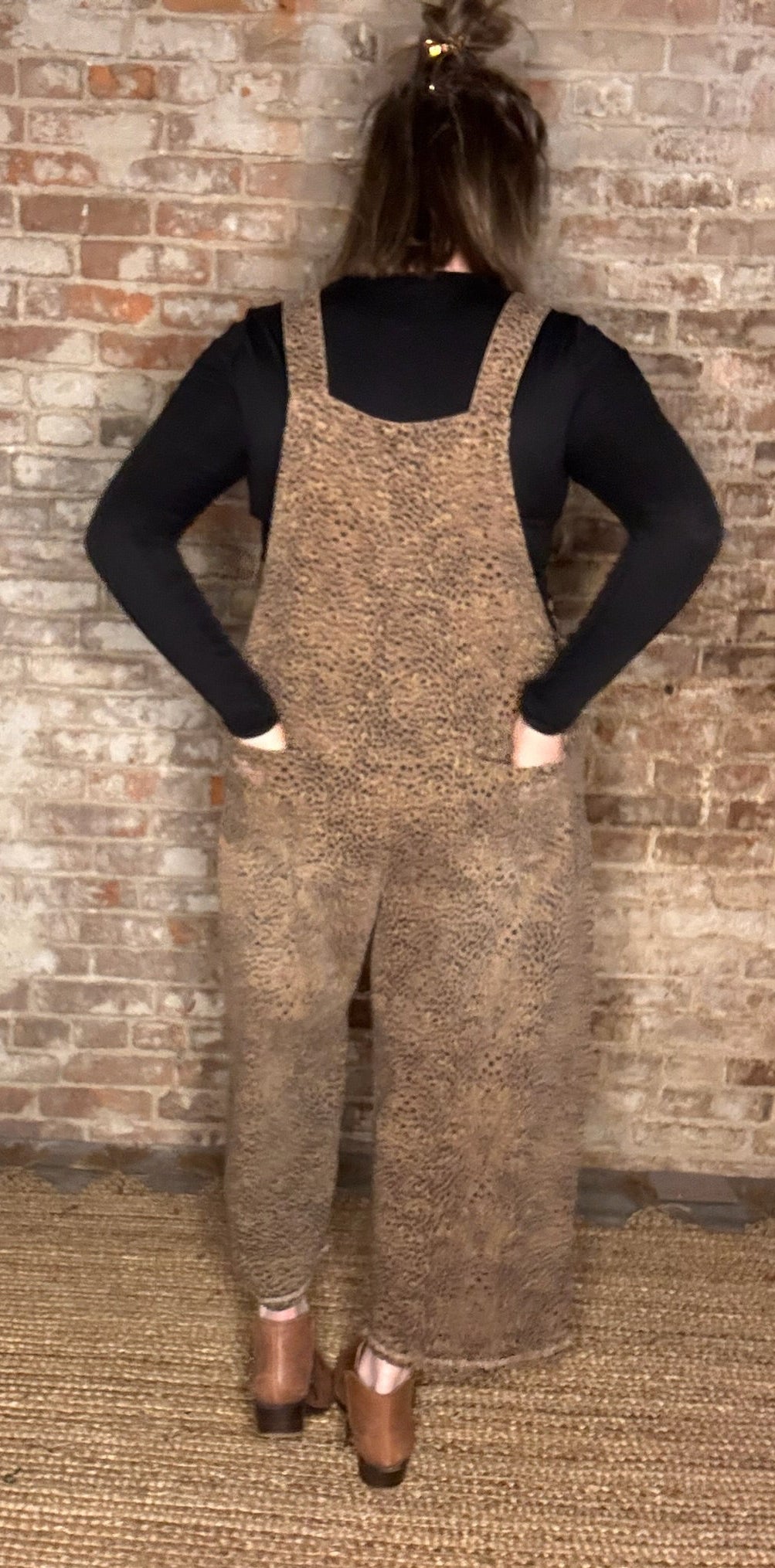 Leopard Print Washed Denim Overalls ~ Mocha Brown