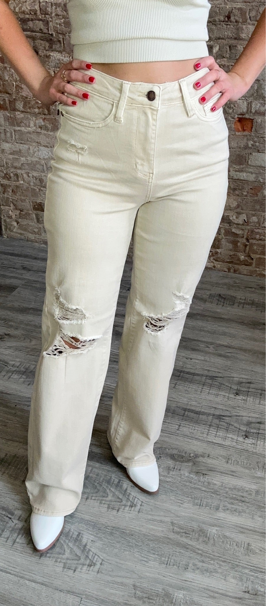 Judy Blue High Waisted 90's Destroyed Straight Jeans ~ Bone
