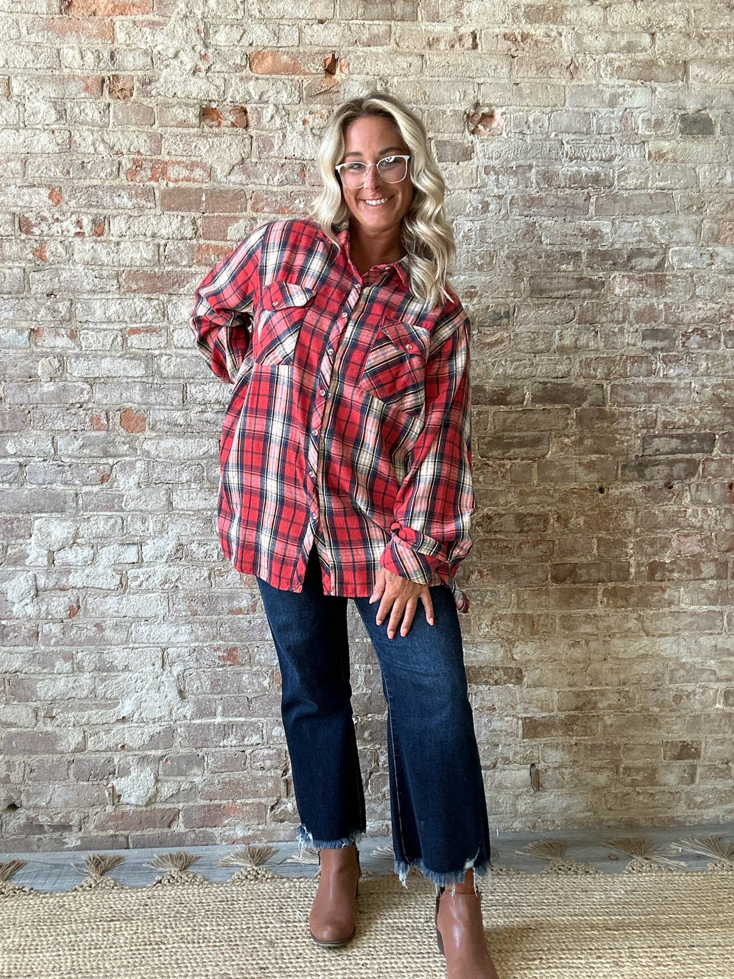 Curvy Plaid Soft Long Sleeved Flannel ~ Red