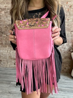 Western Genuine Leather Hand Tooled Fringe Crossbody Purse ~ Pink