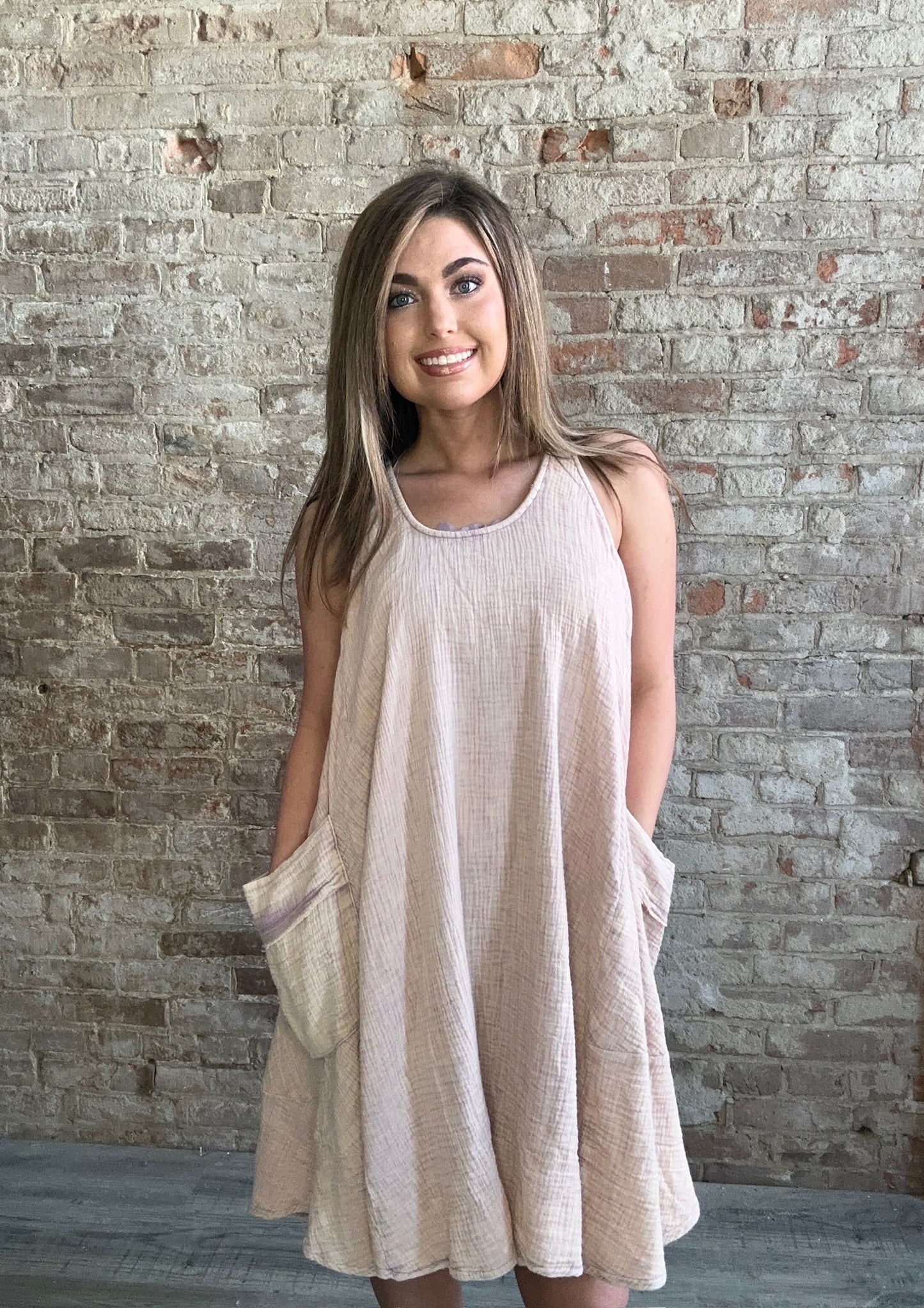 Mineral Washed Sleeveless Oversized Gauze Dress ~ Taupe/Lavender