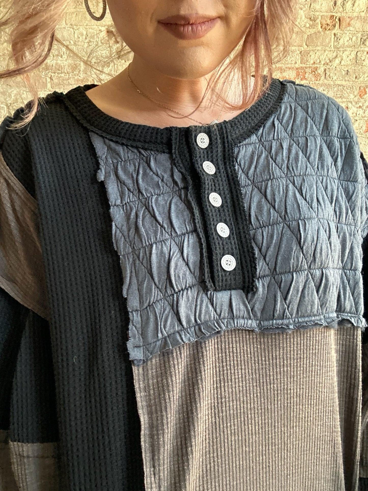 Mixed Textured Henley ~ Black/Blue