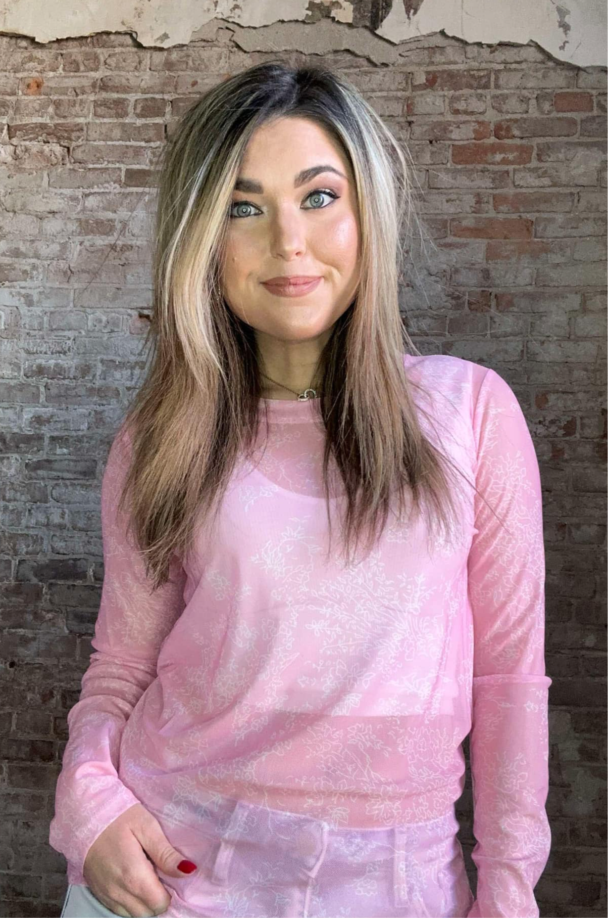 Multi Print Mesh Long Sleeve Top ~ Pink