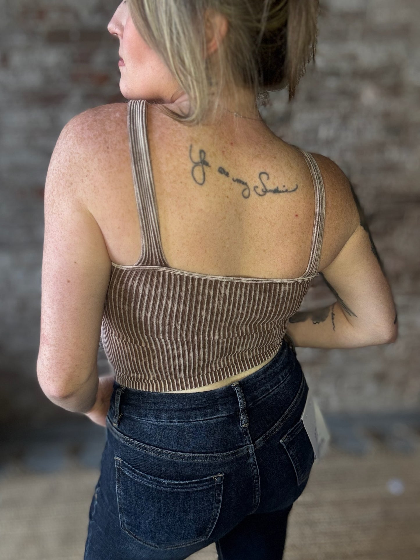 Mineral Washed Ribbed Cropped V Neck Tank with Removable Bra ~ Mocha