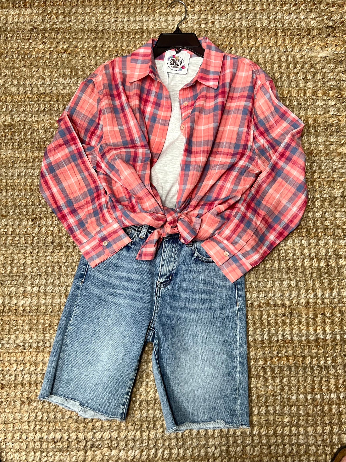 Button Down Plaid Shirt ~ Pink Multi