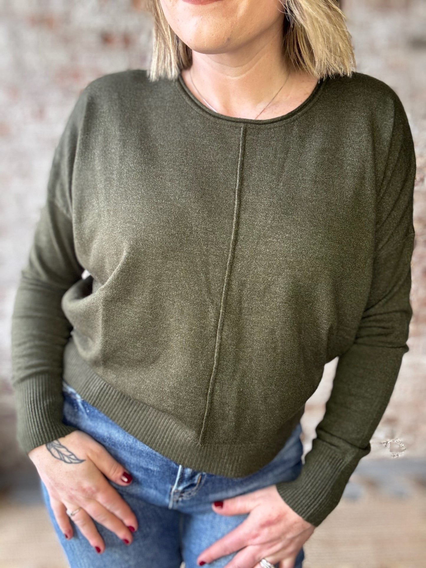 Comfy Front Seam Round Neck Sweater ~ Dark Olive