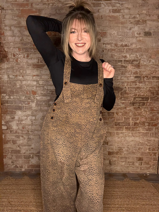 Leopard Print Washed Denim Overalls ~ Mocha Brown