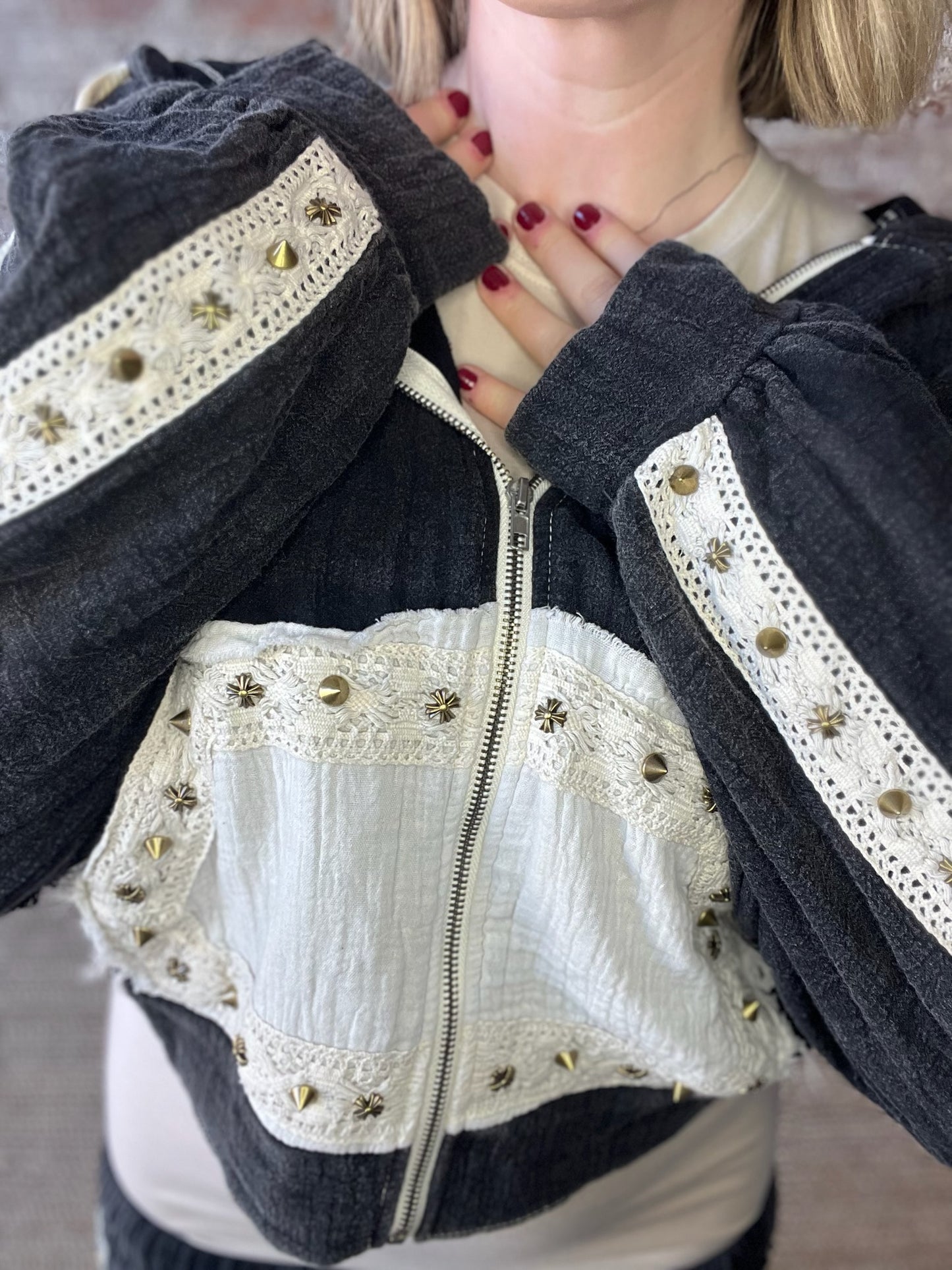 Black Jacket with Gauze and Stud Details