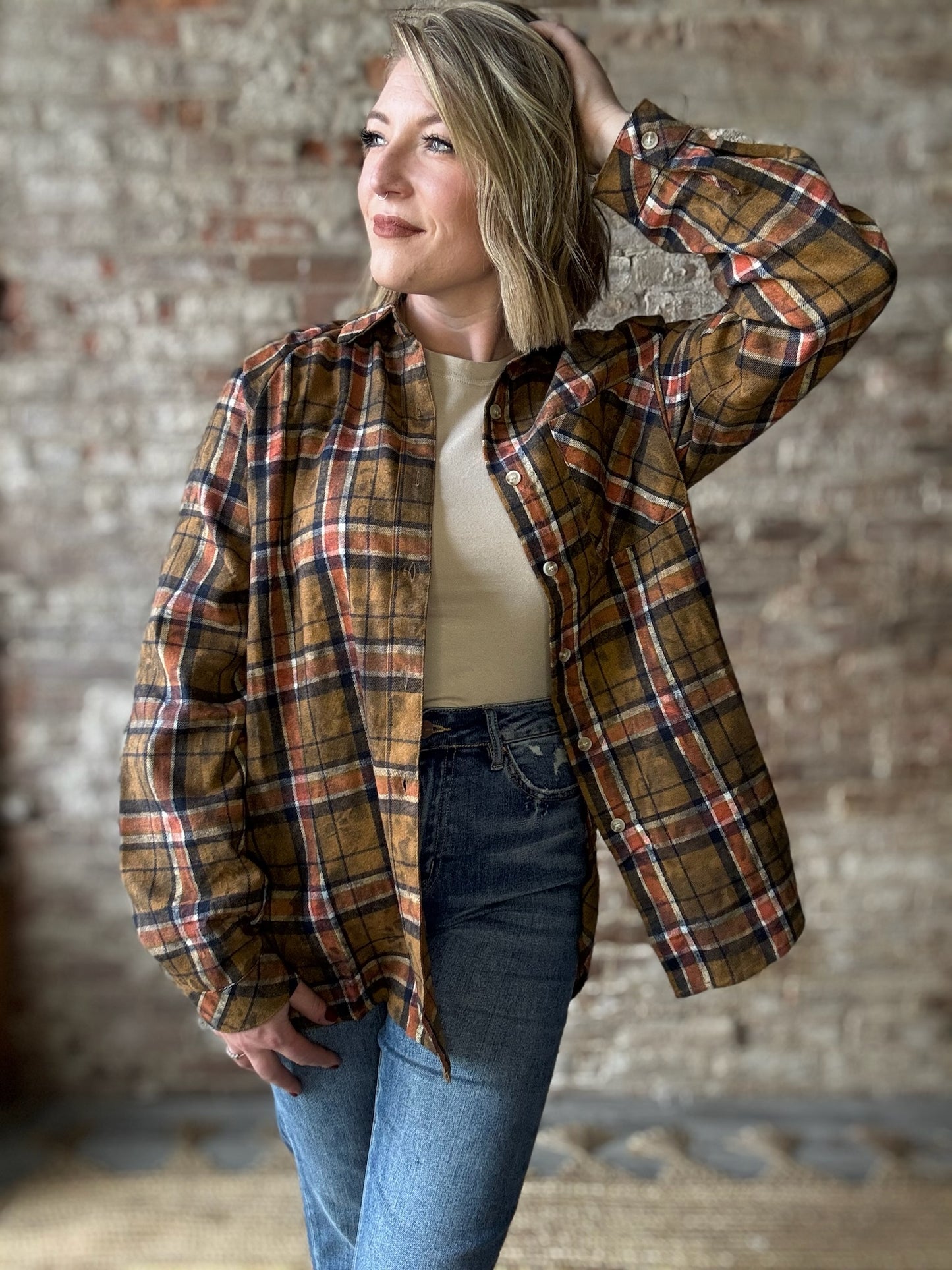 Cozy Fall Plaid Washed Flannel Shirt - Camel