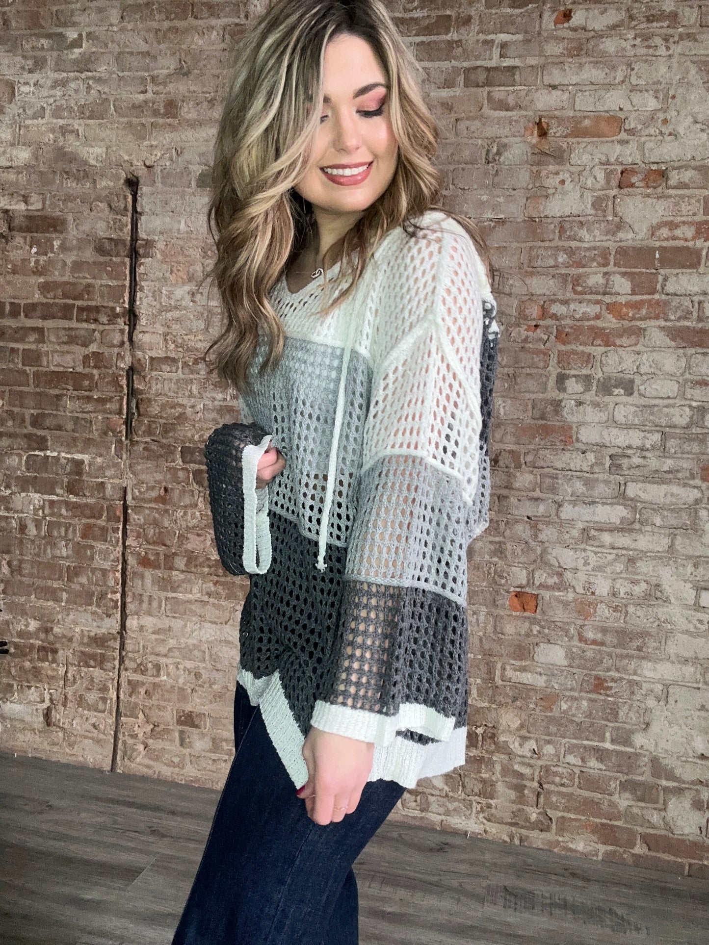 Contrasting Color Match Oversized Knit with Hood